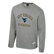 Heather grey WVU crew sweatshirt with a tackle twill West Virginia arched over a Flying WV over Mountaineers chest graphic